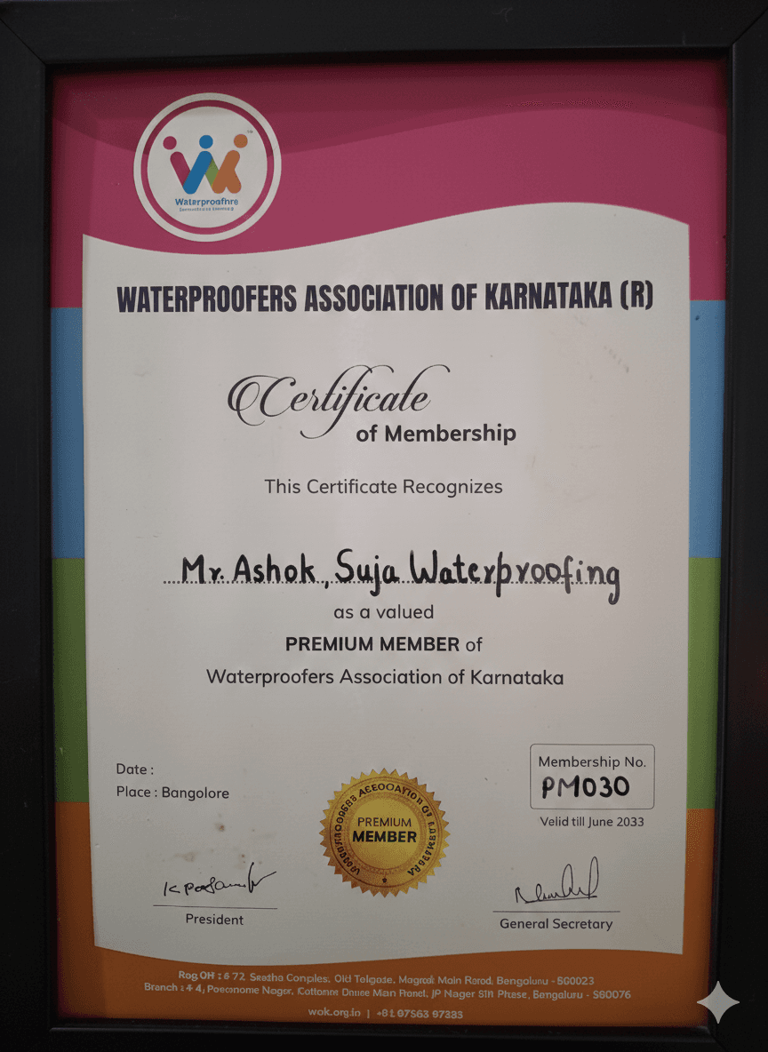 Certificate of Membership – Waterproofers Association of Karnataka (R). Mr. Ashok, Suja Waterproofing, Premium Member. Valid till June 2033.