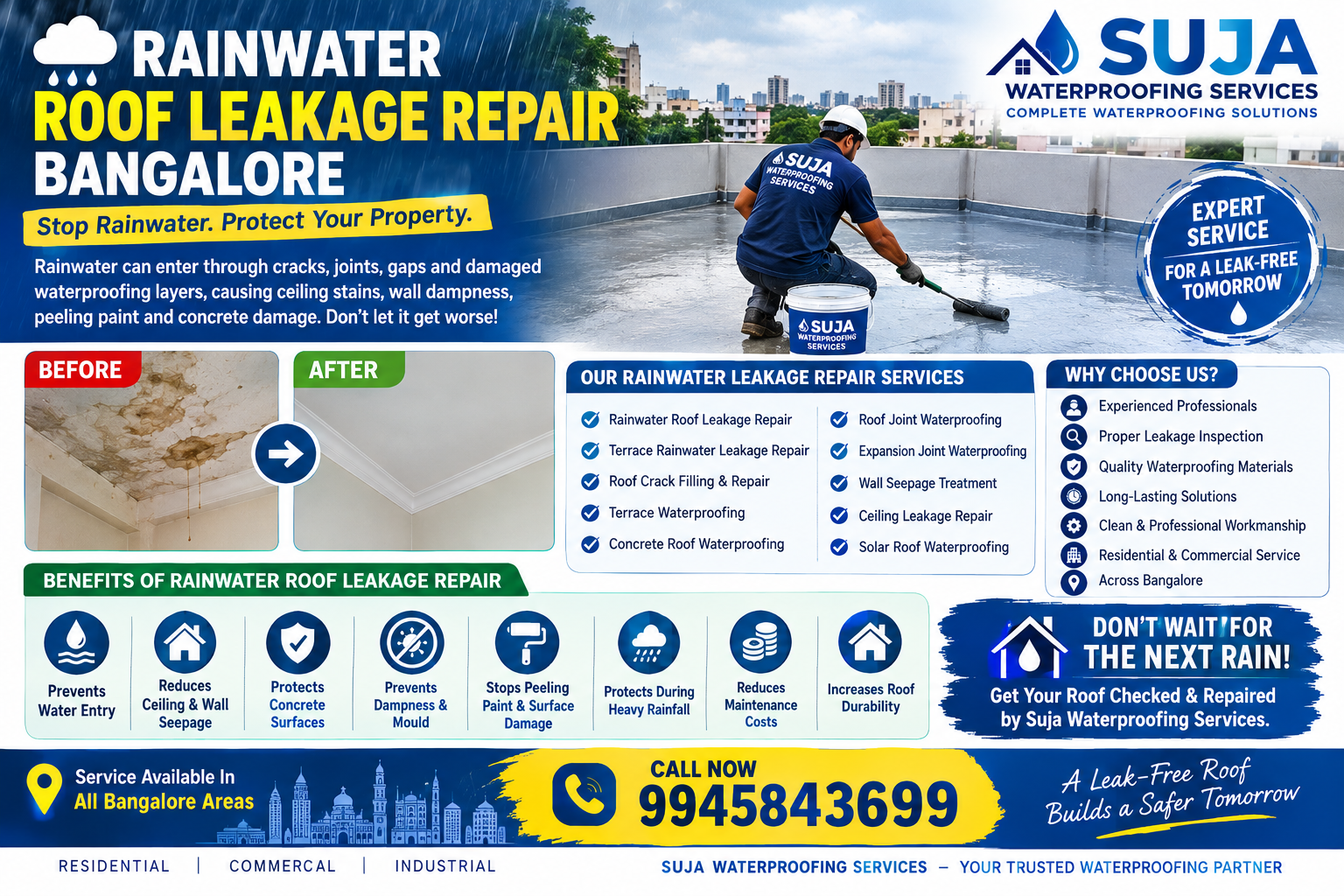 SUJA WATERPROOFING SOLUTIONS - Latest update - Rainwater Roof Leakage Repair Bangalore – Suja Waterproofing Services CONTACT:9945843699