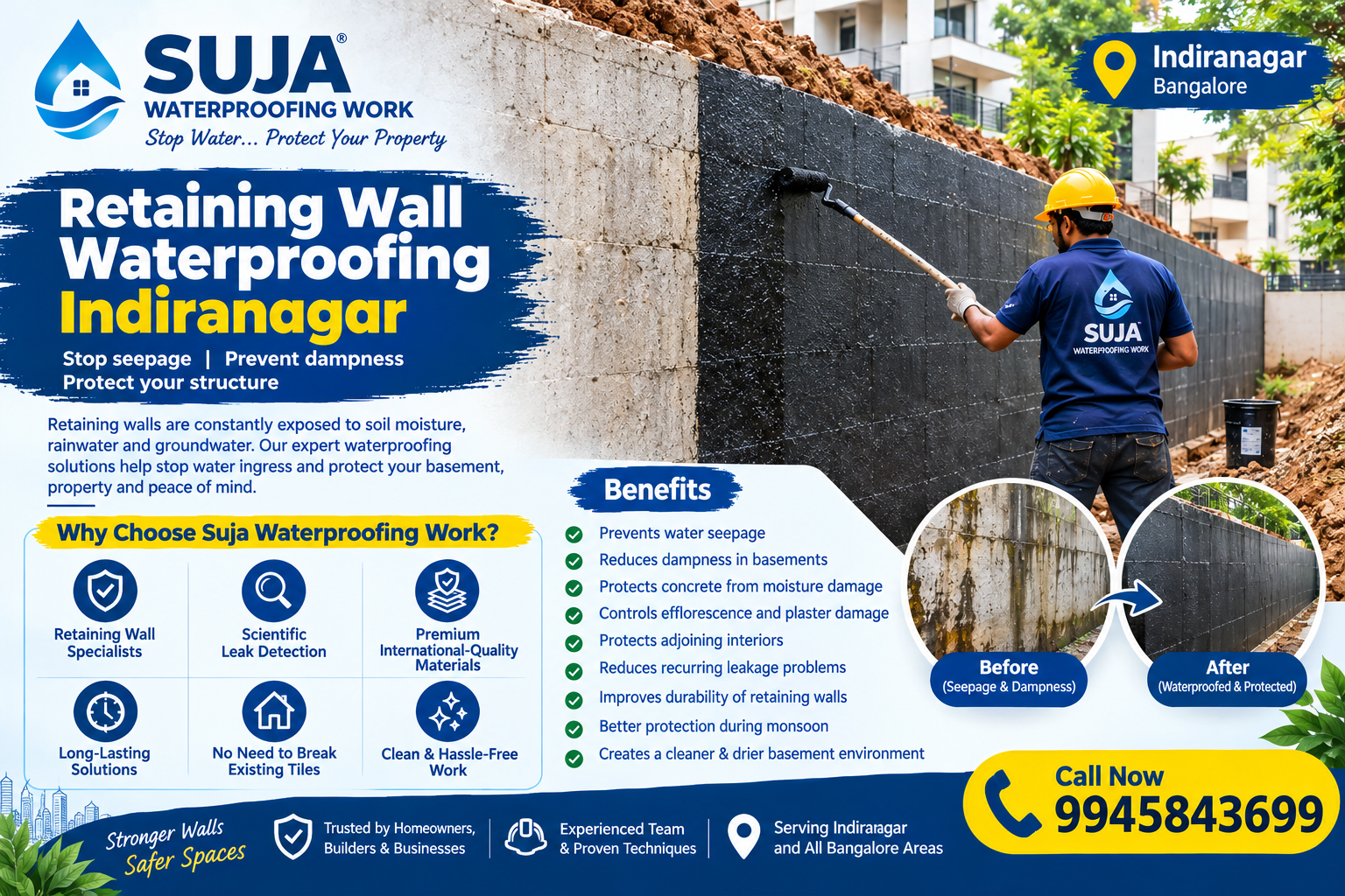SUJA WATERPROOFING SOLUTIONS - Latest update - Retaining Wall Waterproofing Indiranagar CONTACT:9945843699